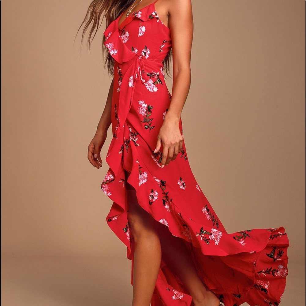 Rosana Red Floral Print Ruffled Wrap Maxi Dress
